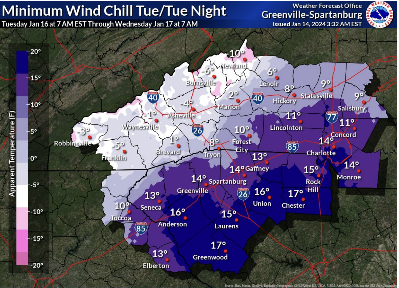 Map displaying forecasted wind chills for the Greenville-Spartanburg weather region ranging from -10 degrees in the NC Highlands to 17 degrees in South Carolina. Expect extreme cold across the region.