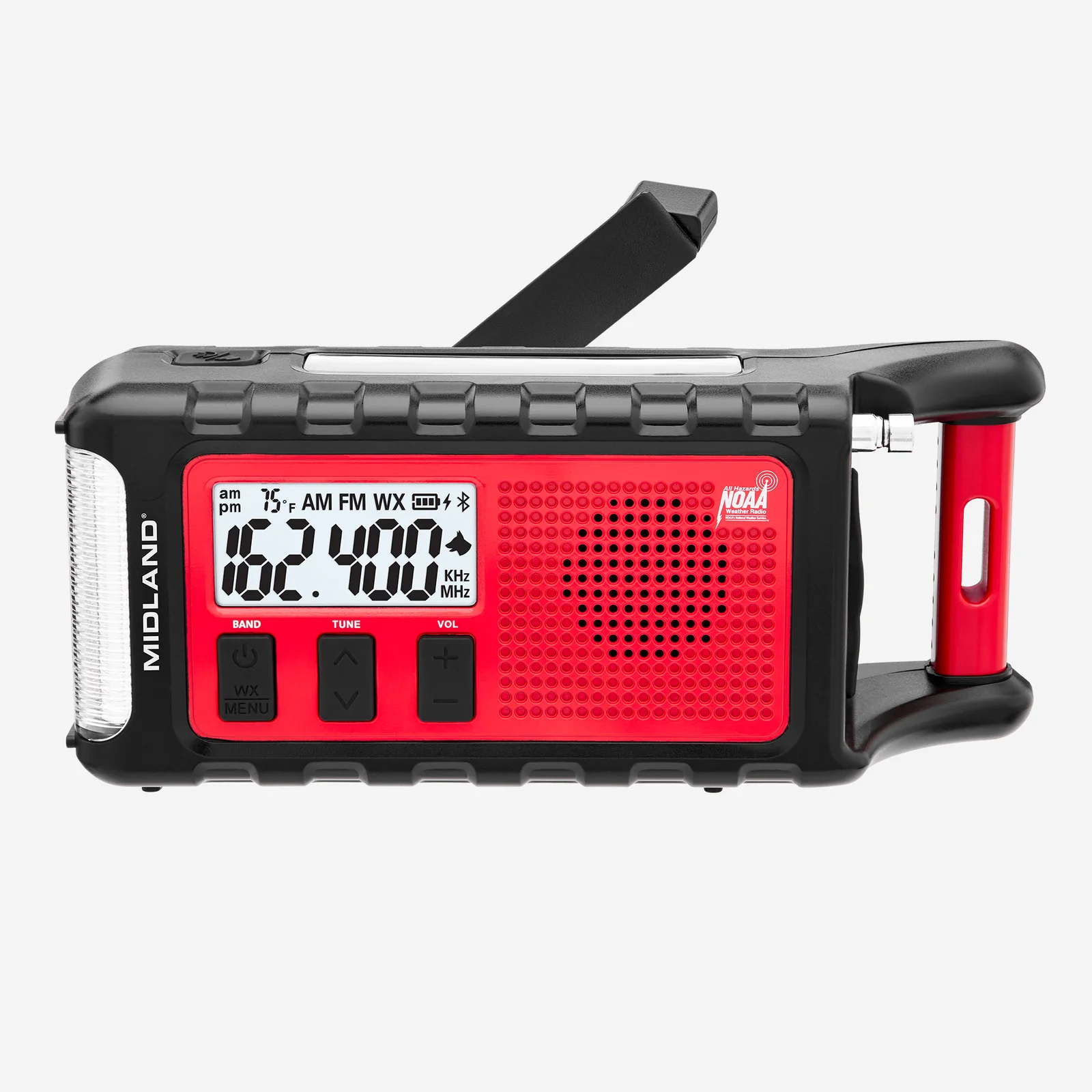 Hand crank weather radio Graphic highlighting the feature of a typical weather radio including tuning buttons, menu button, whistle, flashlight, and solar panel. Not pictured are the hand crank and the antenna.