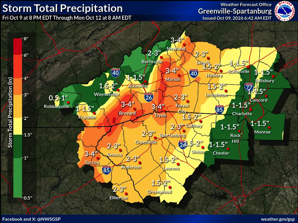 Rainfall totals map from the National Weather Service showing rainfall totals ranging from 1.5 inches in the northern end of the county to 3-4 inches in the southern end of the county.