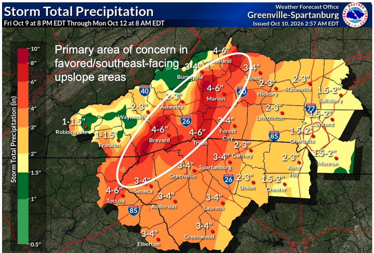 A large portion of the region will receive 2-4”, although higher amounts, in excess of 8”, is expected on the southeast-facing slopes of the Appalachians